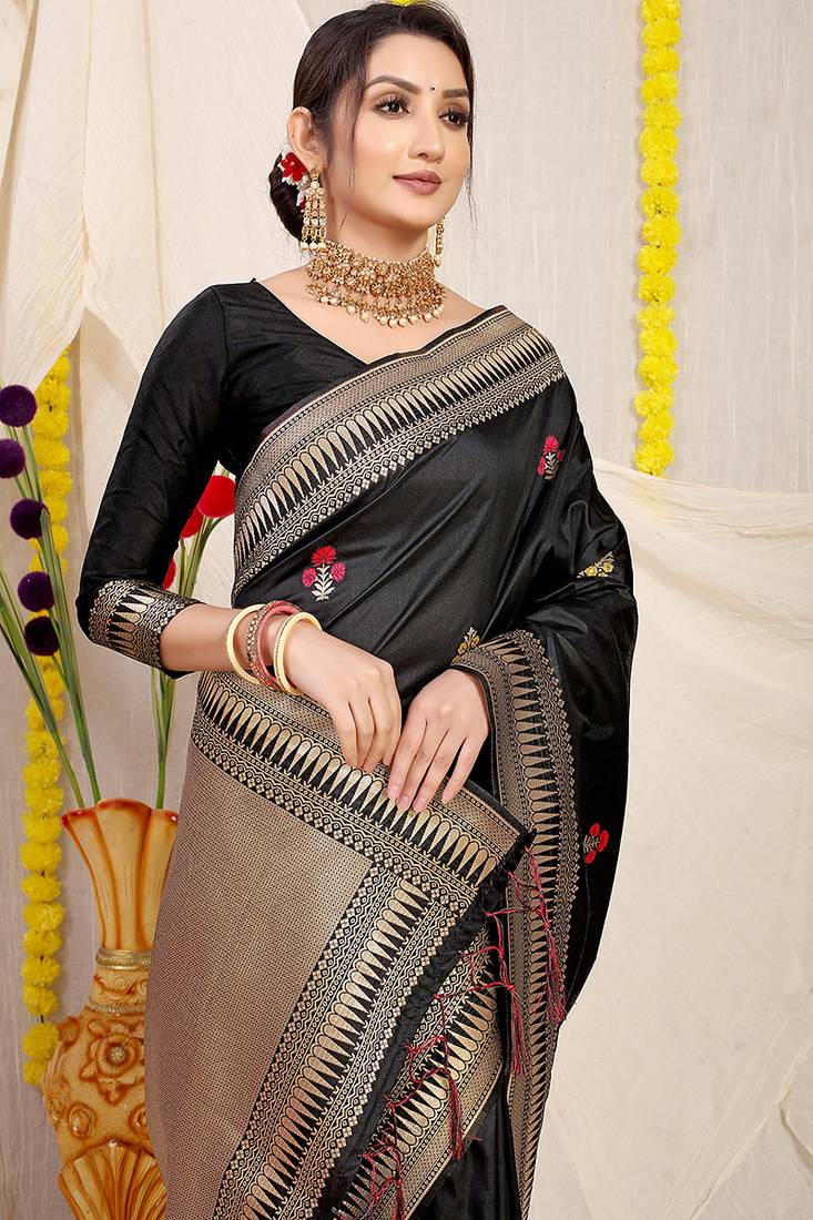 Black banarasi silk blend saree with zari border & woven buti design