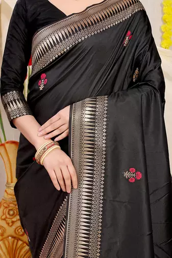 Black banarasi silk blend saree with zari border & woven buti design