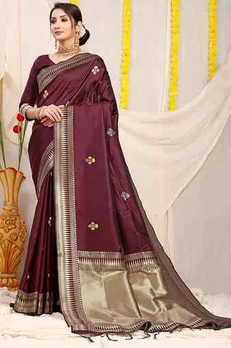 Maroon banarasi silk blend saree with zari border & woven buti design