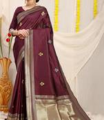 Maroon banarasi silk blend saree with zari border & woven buti design
