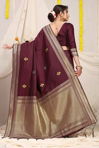 Maroon banarasi silk blend saree with zari border & woven buti design