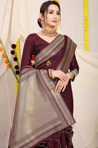 Maroon banarasi silk blend saree with zari border & woven buti design