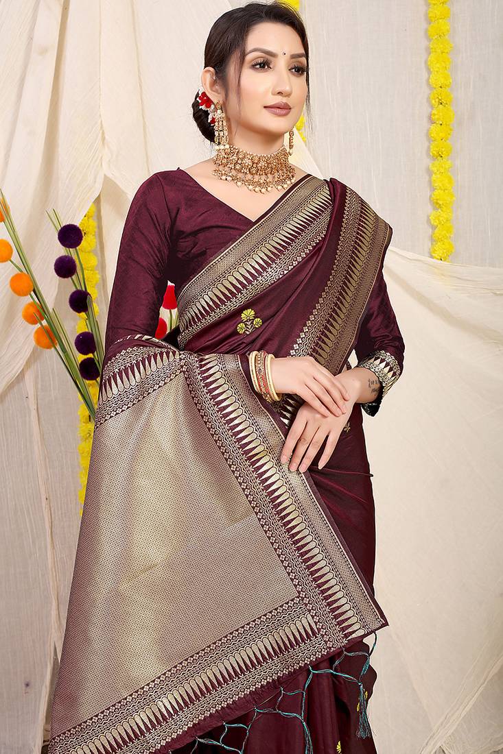 Maroon banarasi silk blend saree with zari border & woven buti design