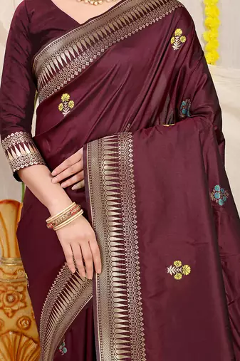 Maroon banarasi silk blend saree with zari border & woven buti design