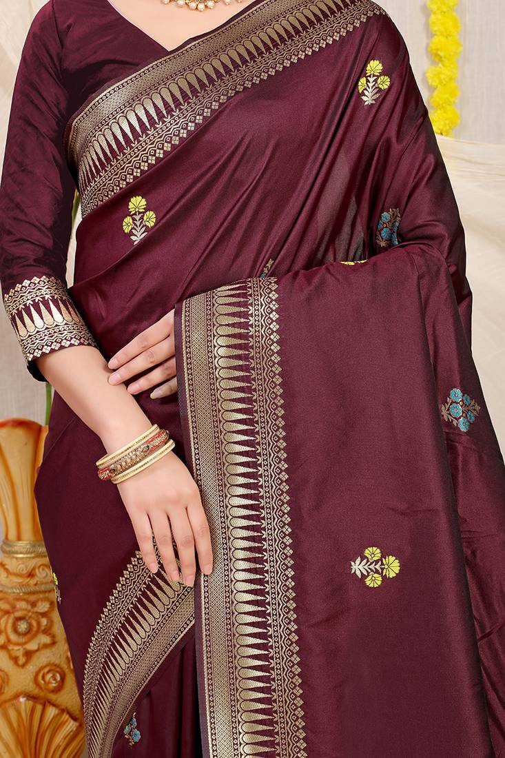 Maroon banarasi silk blend saree with zari border & woven buti design