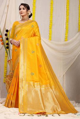 Mustard yellow banarasi silk blend saree with zari border & woven buti design 1
