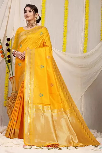 Mustard yellow banarasi silk blend saree with zari border & woven buti design