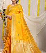 Mustard yellow banarasi silk blend saree with zari border & woven buti design