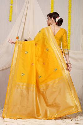 Mustard yellow banarasi silk blend saree with zari border & woven buti design 2