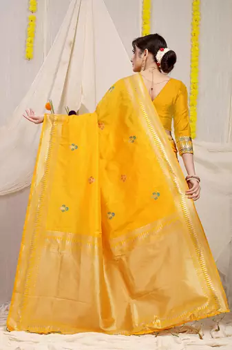 Mustard yellow banarasi silk blend saree with zari border & woven buti design