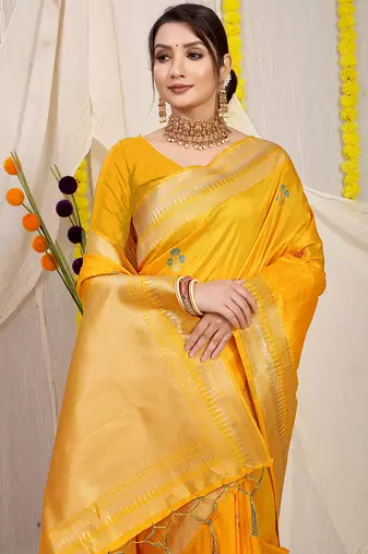 Mustard yellow banarasi silk blend saree with zari border & woven buti design