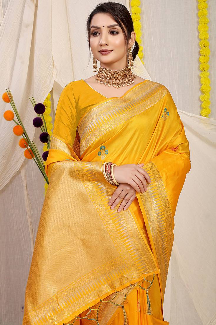 Mustard yellow banarasi silk blend saree with zari border & woven buti design