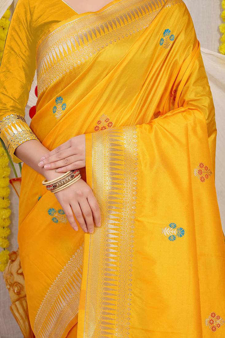 Mustard yellow banarasi silk blend saree with zari border & woven buti design