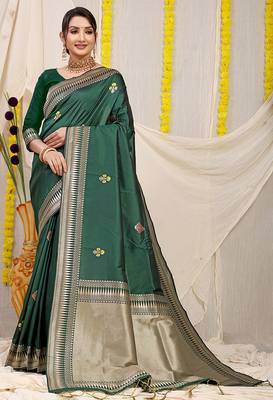 Bottle green banarasi silk blend saree with zari border & woven buti design 1