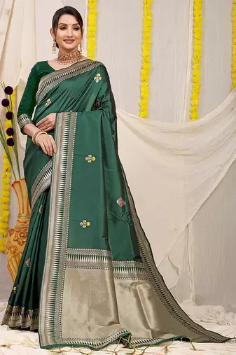 Bottle green banarasi silk blend saree with zari border & woven buti design