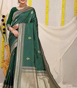 Bottle green banarasi silk blend saree with zari border & woven buti design