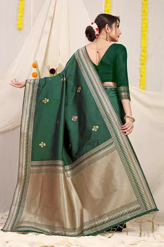 Bottle green banarasi silk blend saree with zari border & woven buti design
