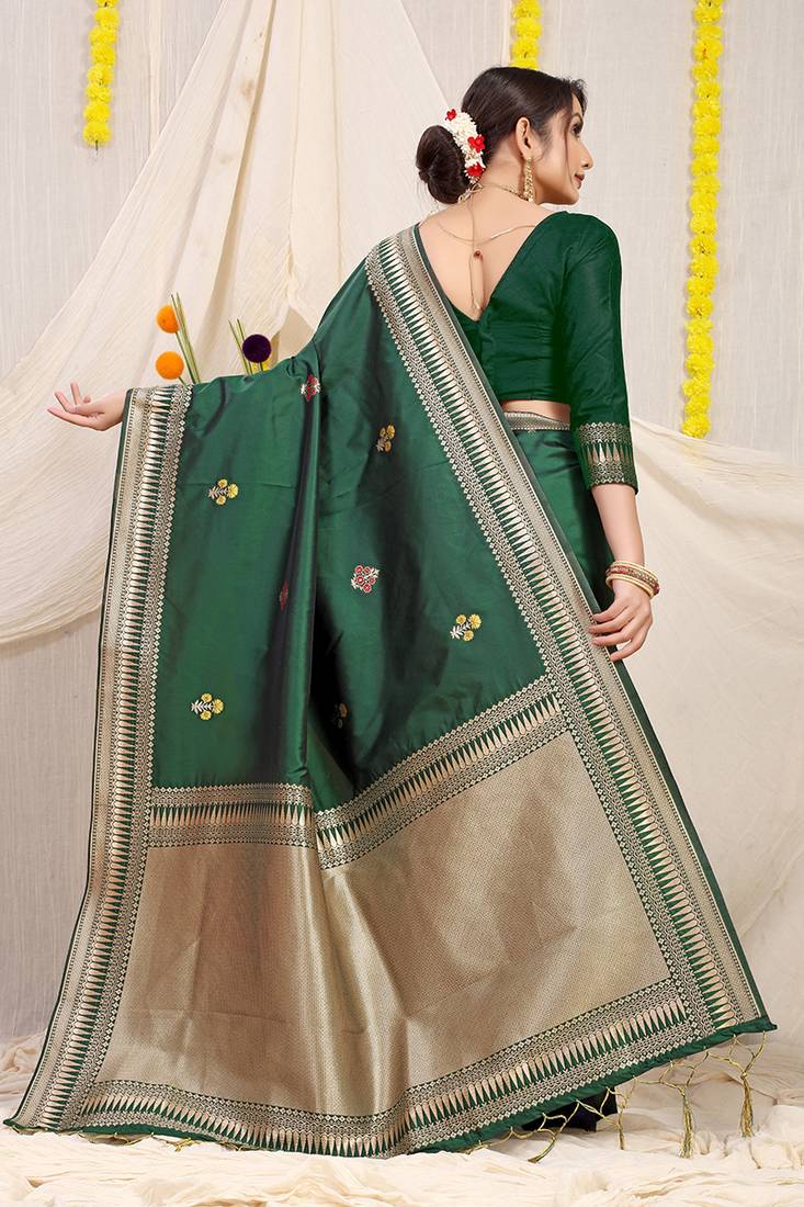 Bottle green banarasi silk blend saree with zari border & woven buti design