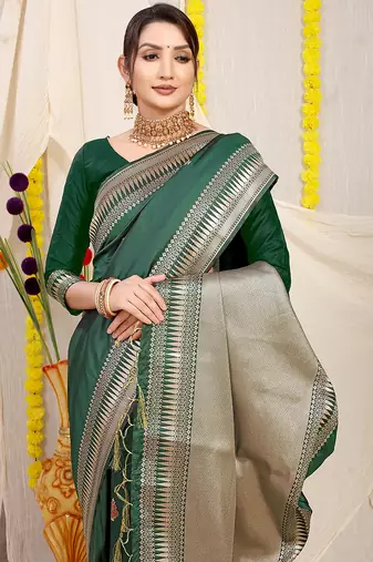 Bottle green banarasi silk blend saree with zari border & woven buti design