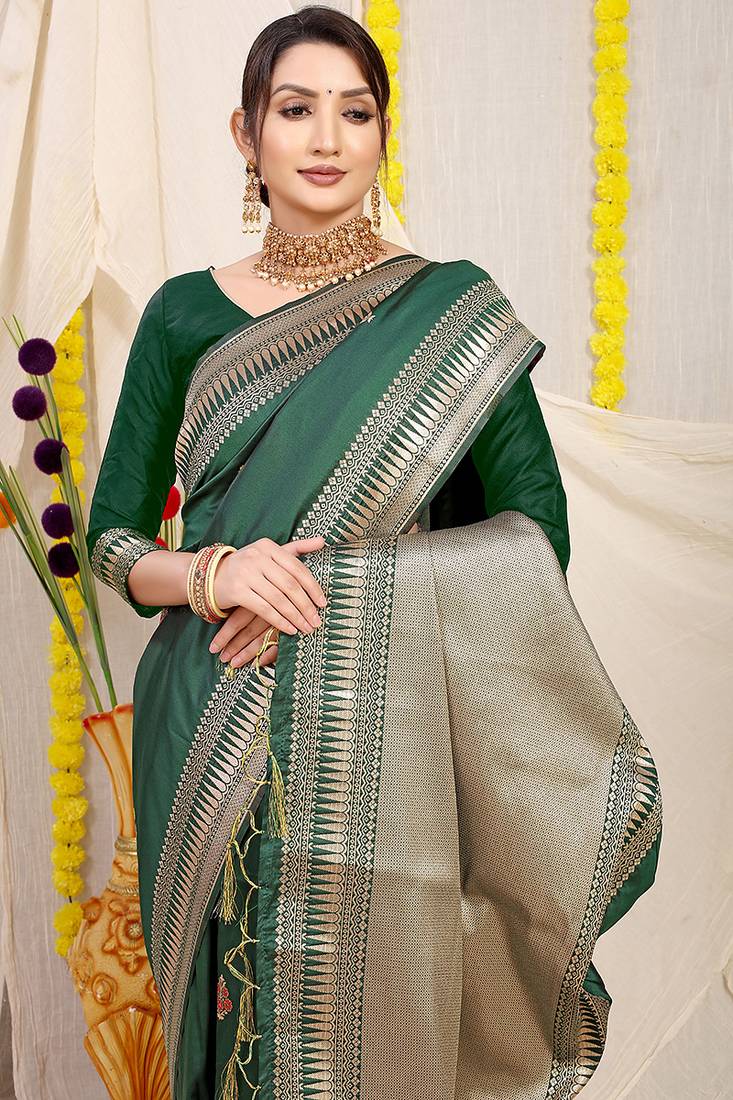 Bottle green banarasi silk blend saree with zari border & woven buti design