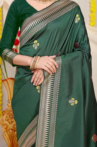 Bottle green banarasi silk blend saree with zari border & woven buti design