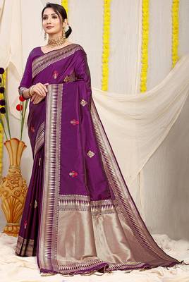 Purple banarasi silk blend saree with zari border & woven buti design 1