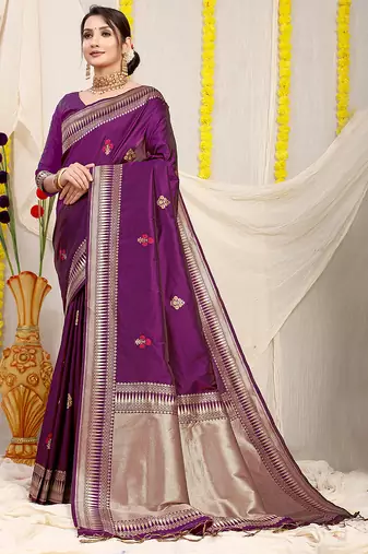Purple banarasi silk blend saree with zari border & woven buti design