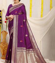 Purple banarasi silk blend saree with zari border & woven buti design