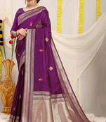 Purple banarasi silk blend saree with zari border & woven buti design