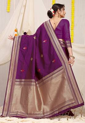 Purple banarasi silk blend saree with zari border & woven buti design 2