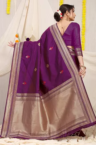 Purple banarasi silk blend saree with zari border & woven buti design