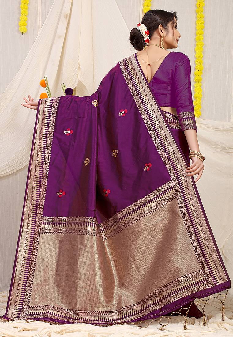 Purple banarasi silk blend saree with zari border & woven buti design