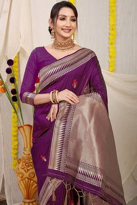 Purple banarasi silk blend saree with zari border & woven buti design 3