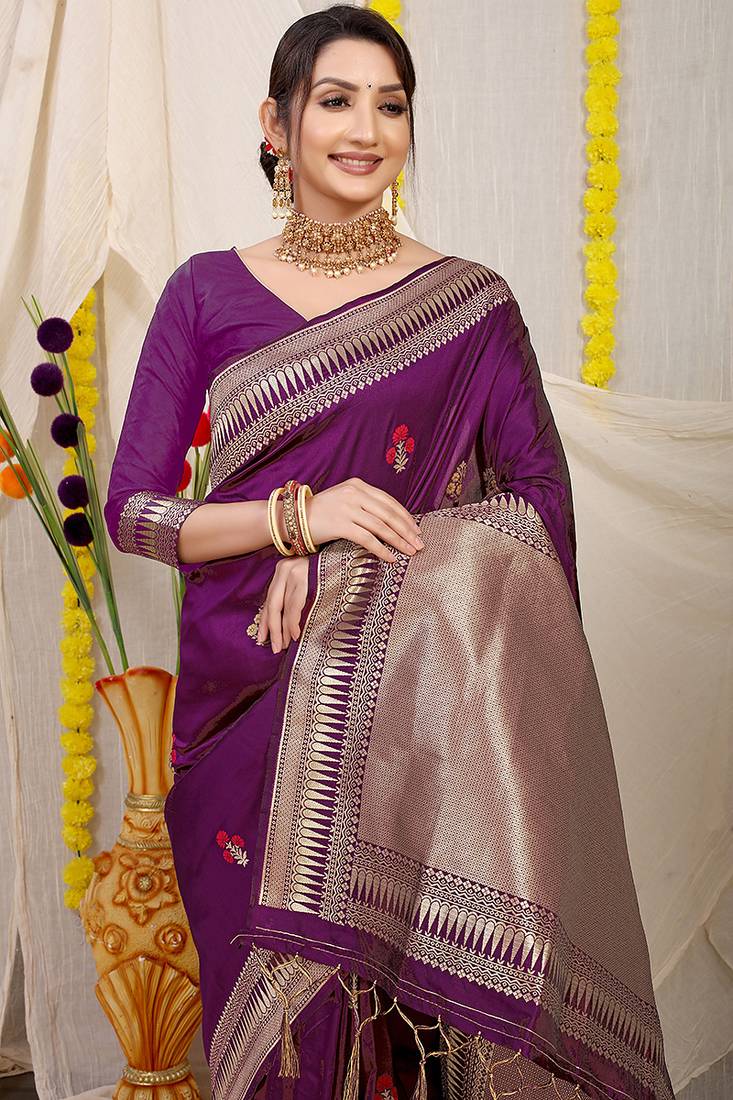 Purple banarasi silk blend saree with zari border & woven buti design