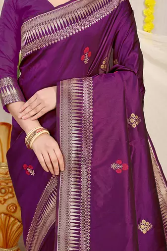 Purple banarasi silk blend saree with zari border & woven buti design