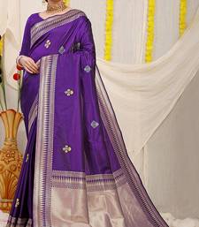 Deep violet banarasi silk blend saree with zari border & woven buti design
