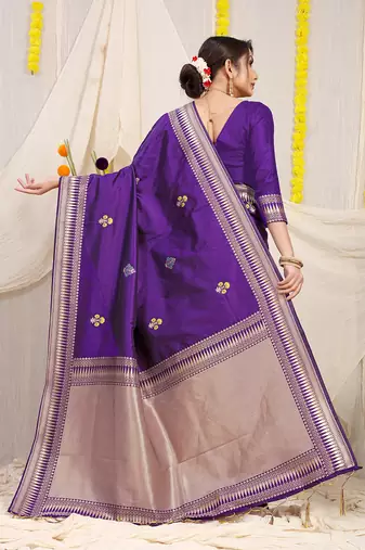 Deep violet banarasi silk blend saree with zari border & woven buti design