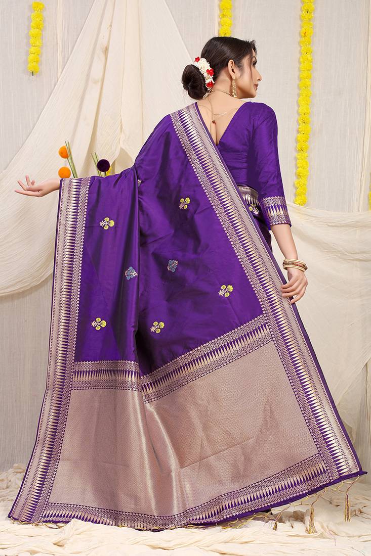 Deep violet banarasi silk blend saree with zari border & woven buti design