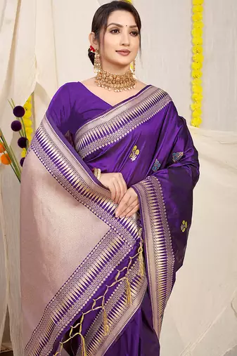 Deep violet banarasi silk blend saree with zari border & woven buti design