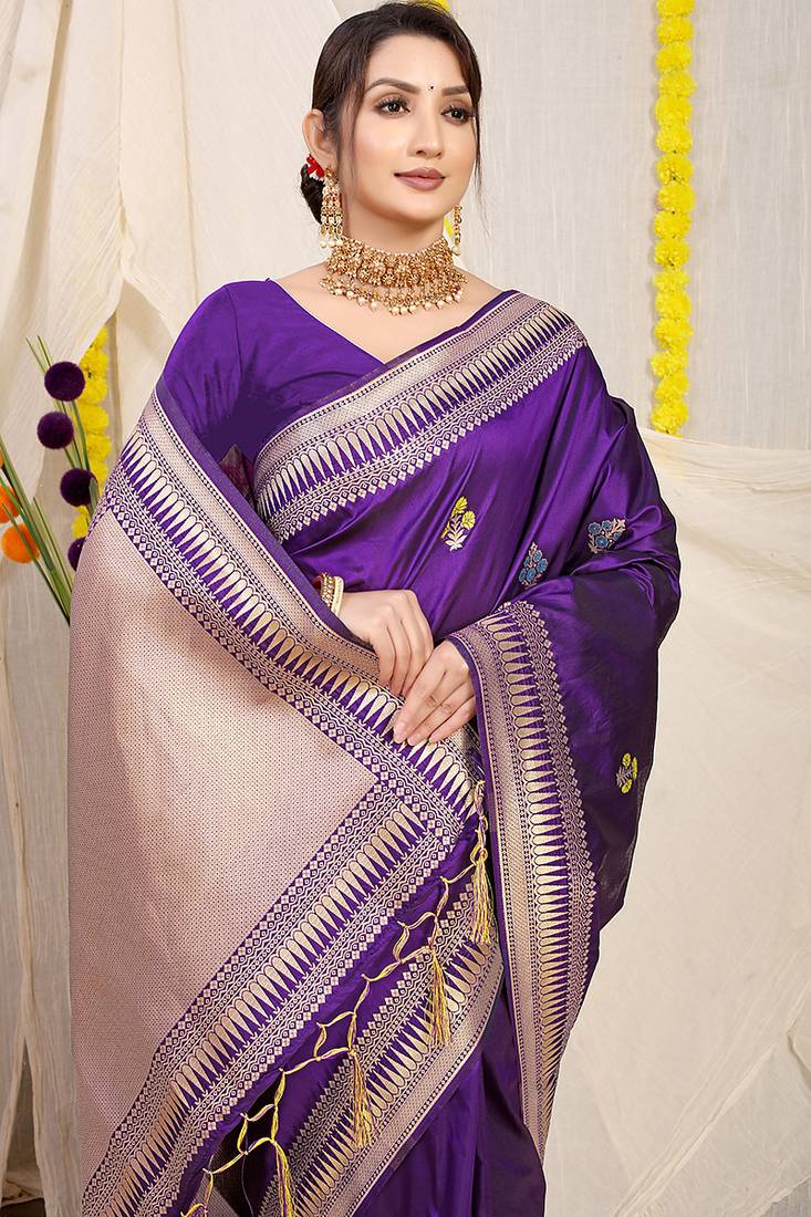 Deep violet banarasi silk blend saree with zari border & woven buti design