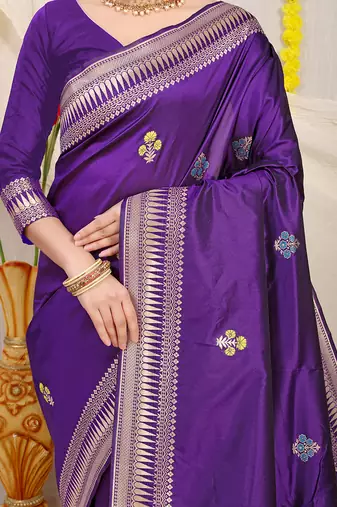 Deep violet banarasi silk blend saree with zari border & woven buti design