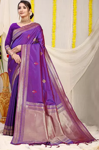 Purple banarasi silk blend saree with zari border & woven buti design