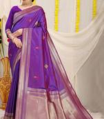 Purple banarasi silk blend saree with zari border & woven buti design