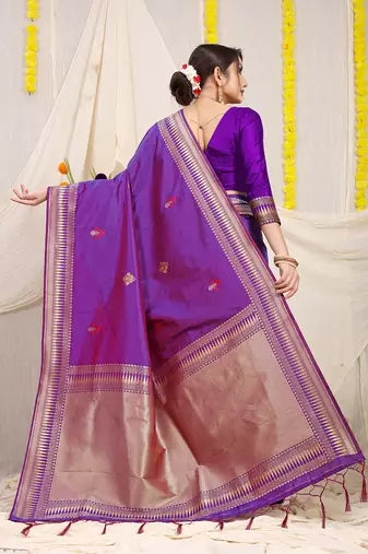 Purple banarasi silk blend saree with zari border & woven buti design