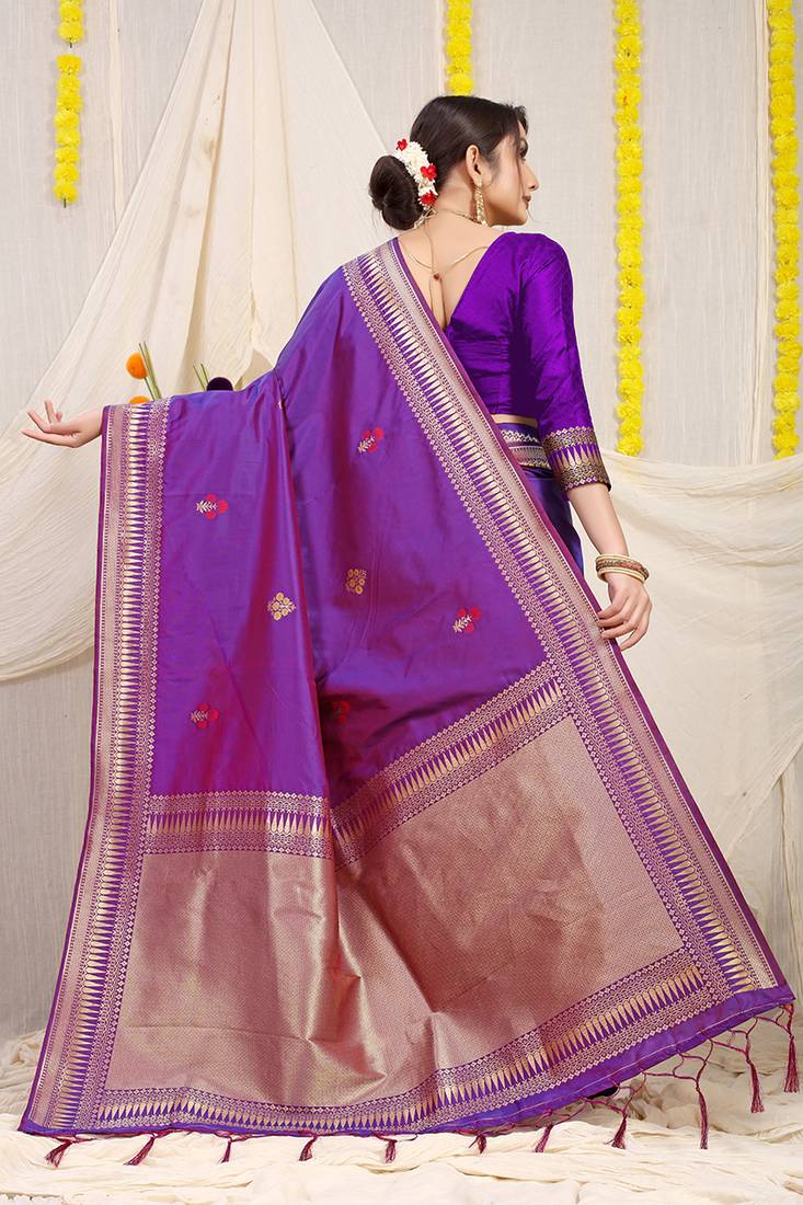 Purple banarasi silk blend saree with zari border & woven buti design