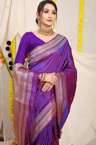 Purple banarasi silk blend saree with zari border & woven buti design