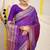 Purple banarasi silk blend saree with zari border & woven buti design