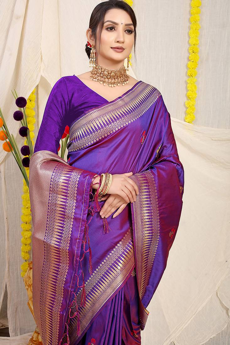 Purple banarasi silk blend saree with zari border & woven buti design