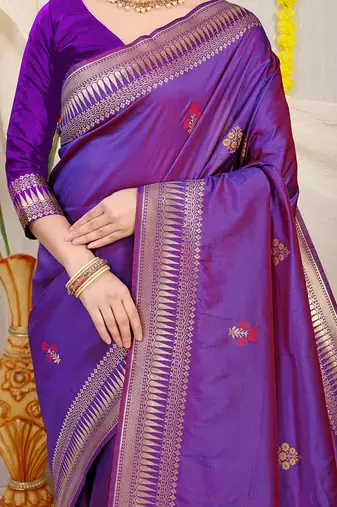 Purple banarasi silk blend saree with zari border & woven buti design