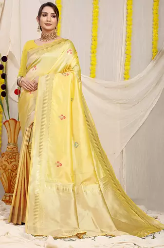 Light yellow banarasi silk blend saree with zari border & woven buti design